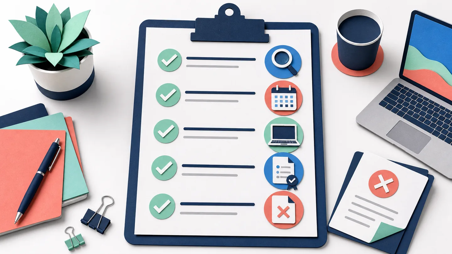 Buyer checklist with calendar, laptop and refund document symbols