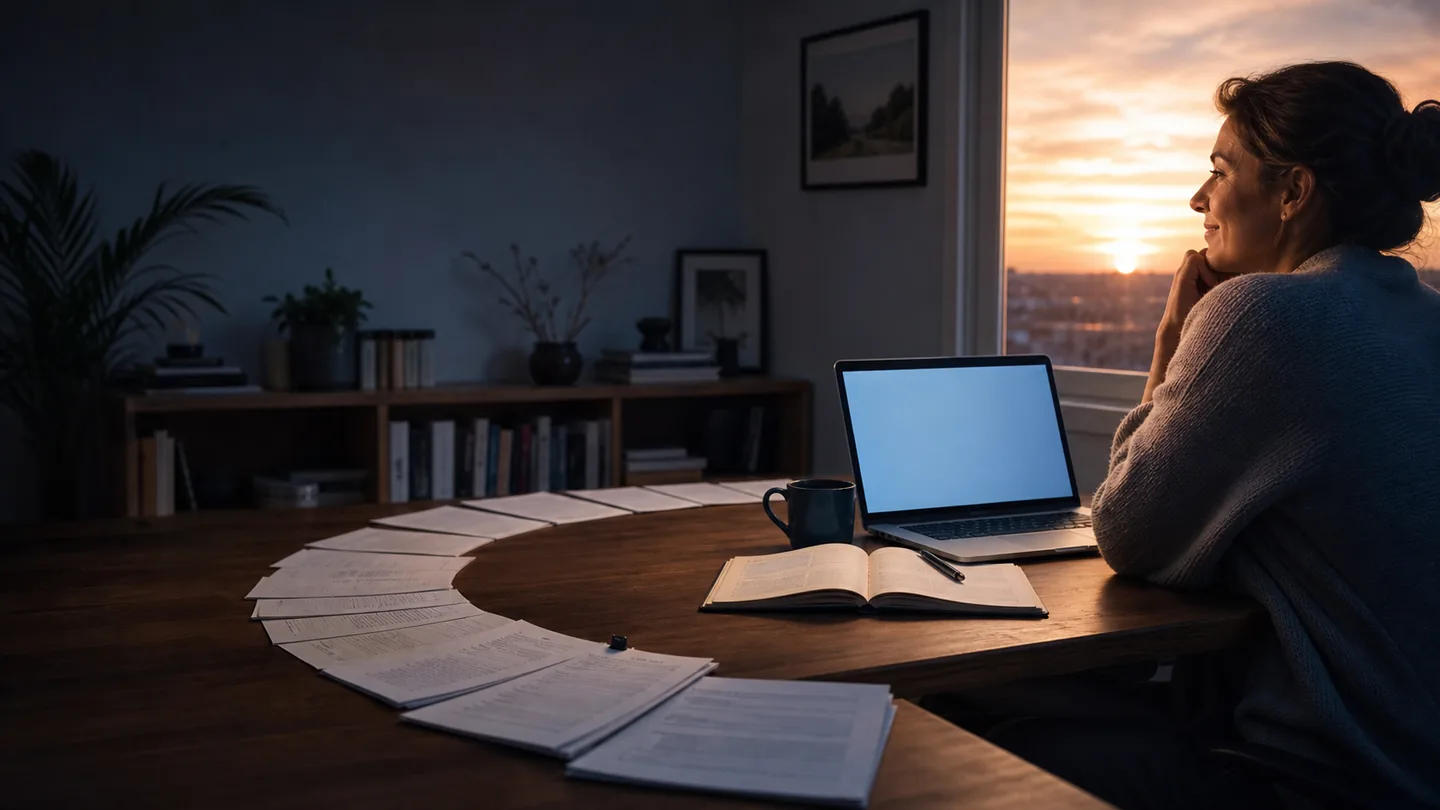 Writer finishing an organized draft at a calm home desk near sunset