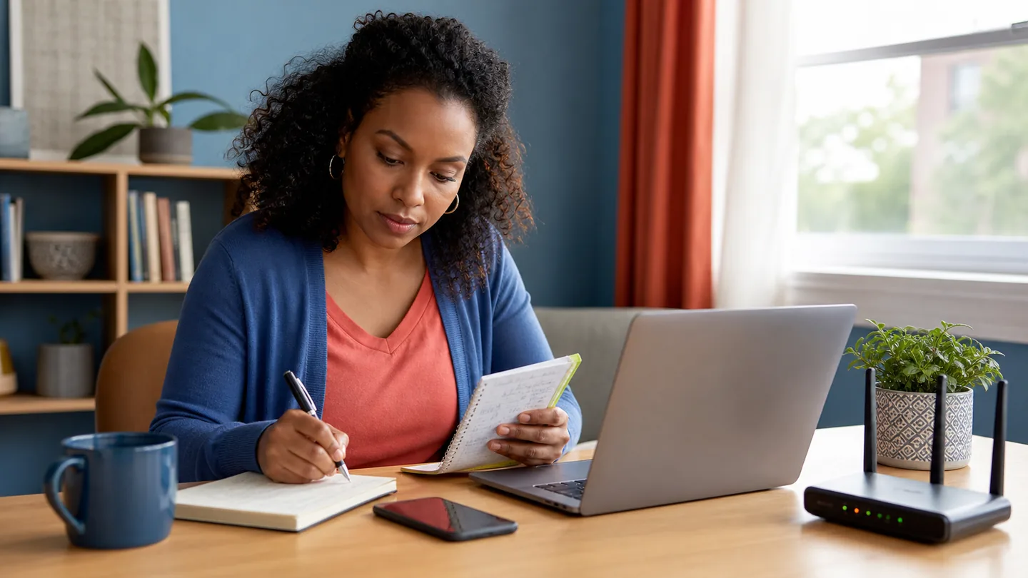 Beginner remote writer reviewing notes beside a laptop and home internet equipment
